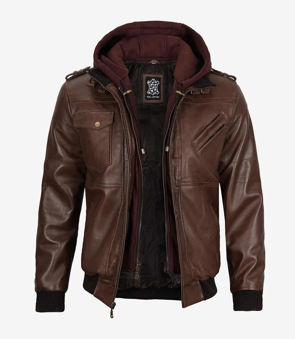 Men's Dark Brown Bomber Leather Jacket with Hood