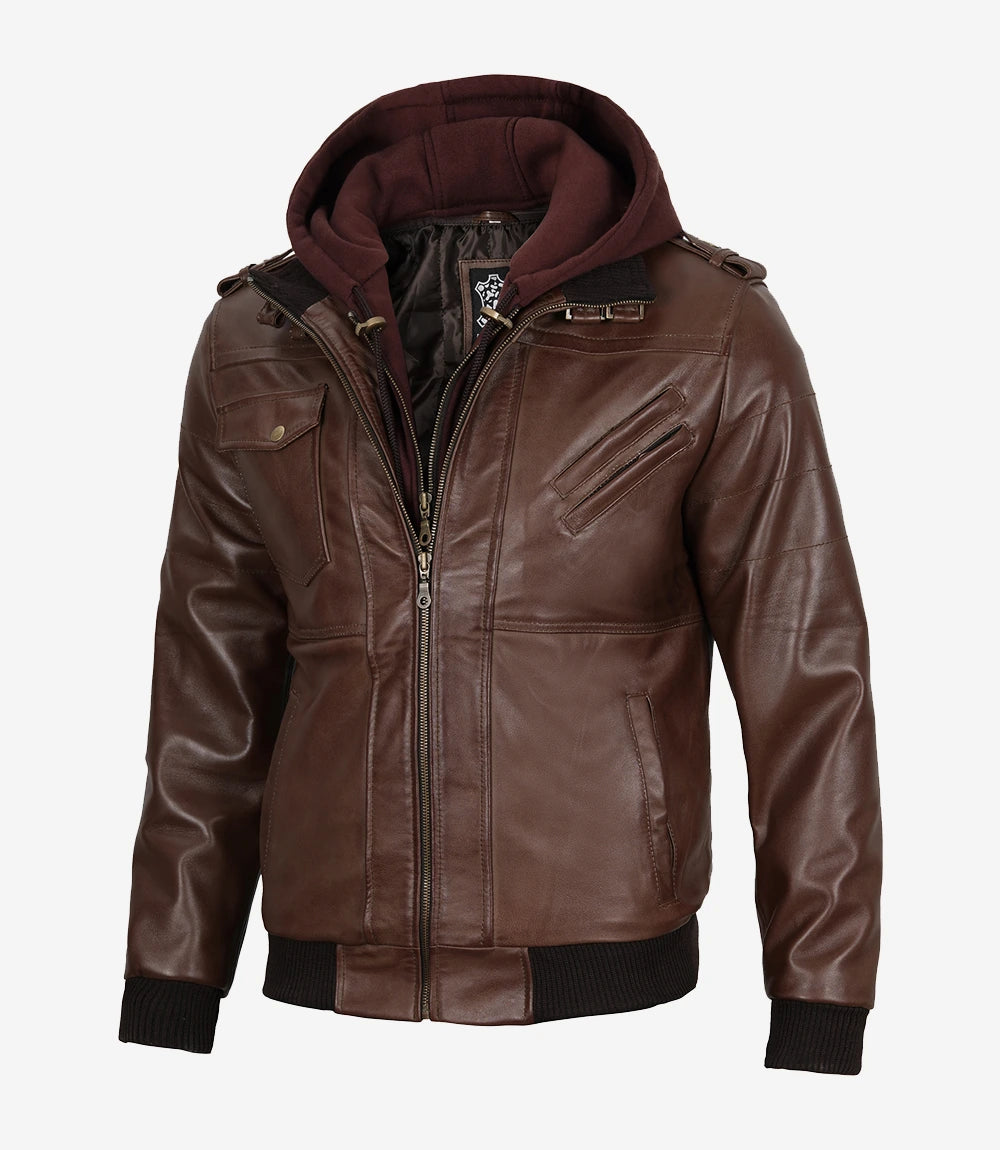 Men's Dark Brown Bomber Leather Jacket with Hood