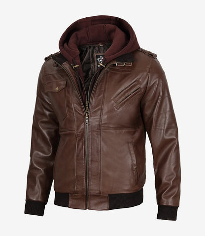 Men's Dark Brown Bomber Leather Jacket with Hood