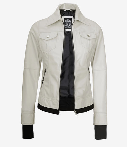 Women’s Off White Lambskin Bomber Leather Jacket with Removable Hood