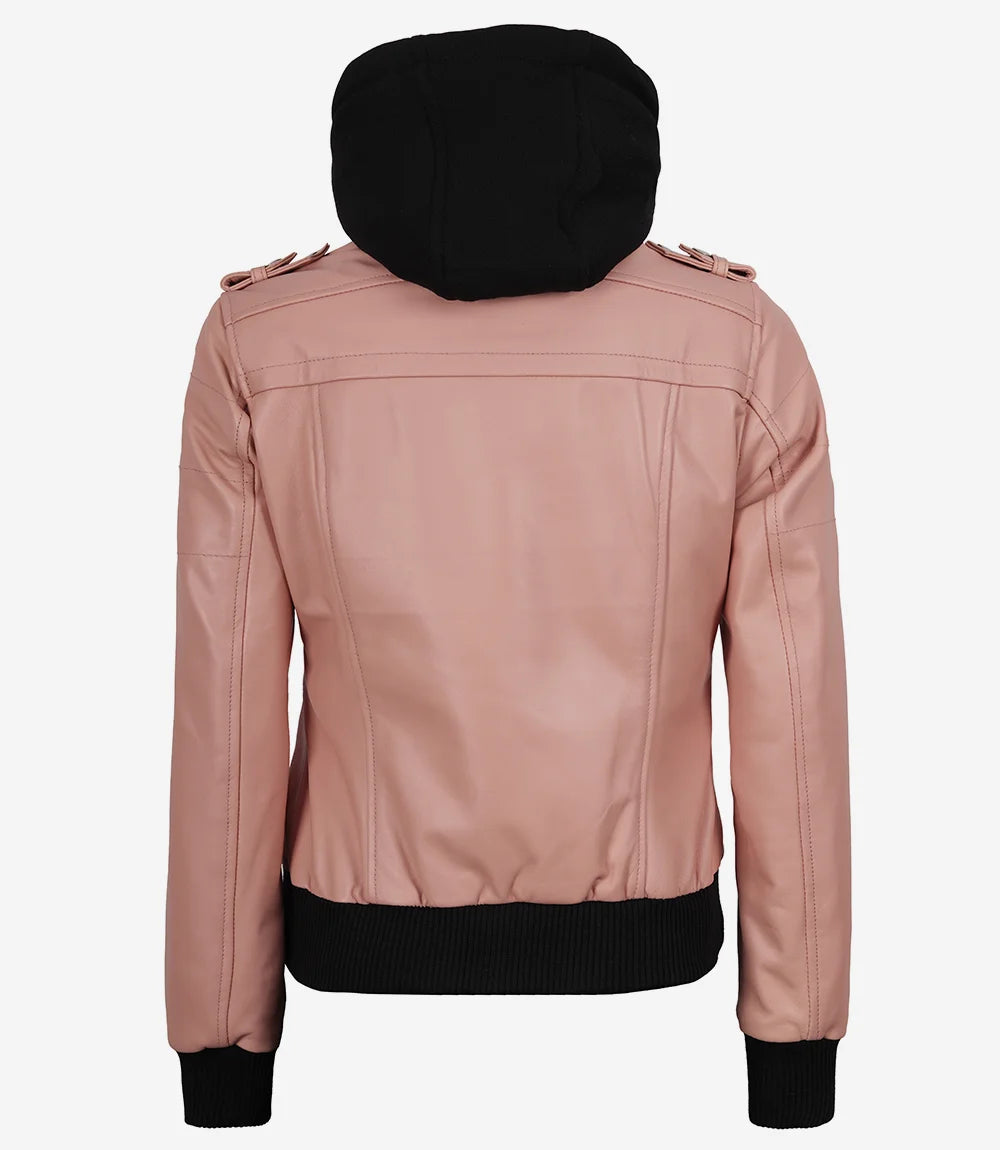 Women’s Pink Lambskin Bomber Leather Jacket with Removable Hood
