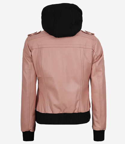 Women’s Pink Lambskin Bomber Leather Jacket with Removable Hood