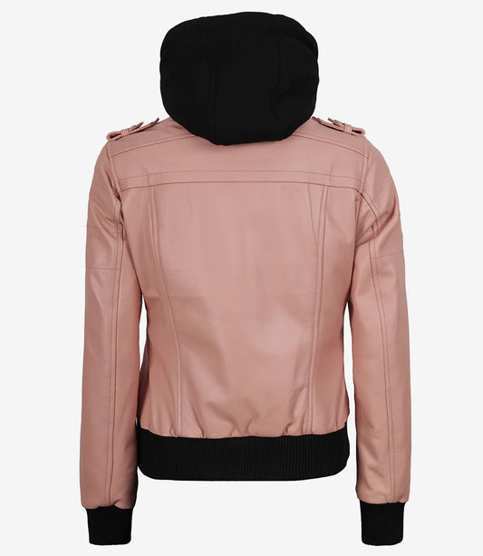 Women’s Pink Lambskin Bomber Leather Jacket with Removable Hood