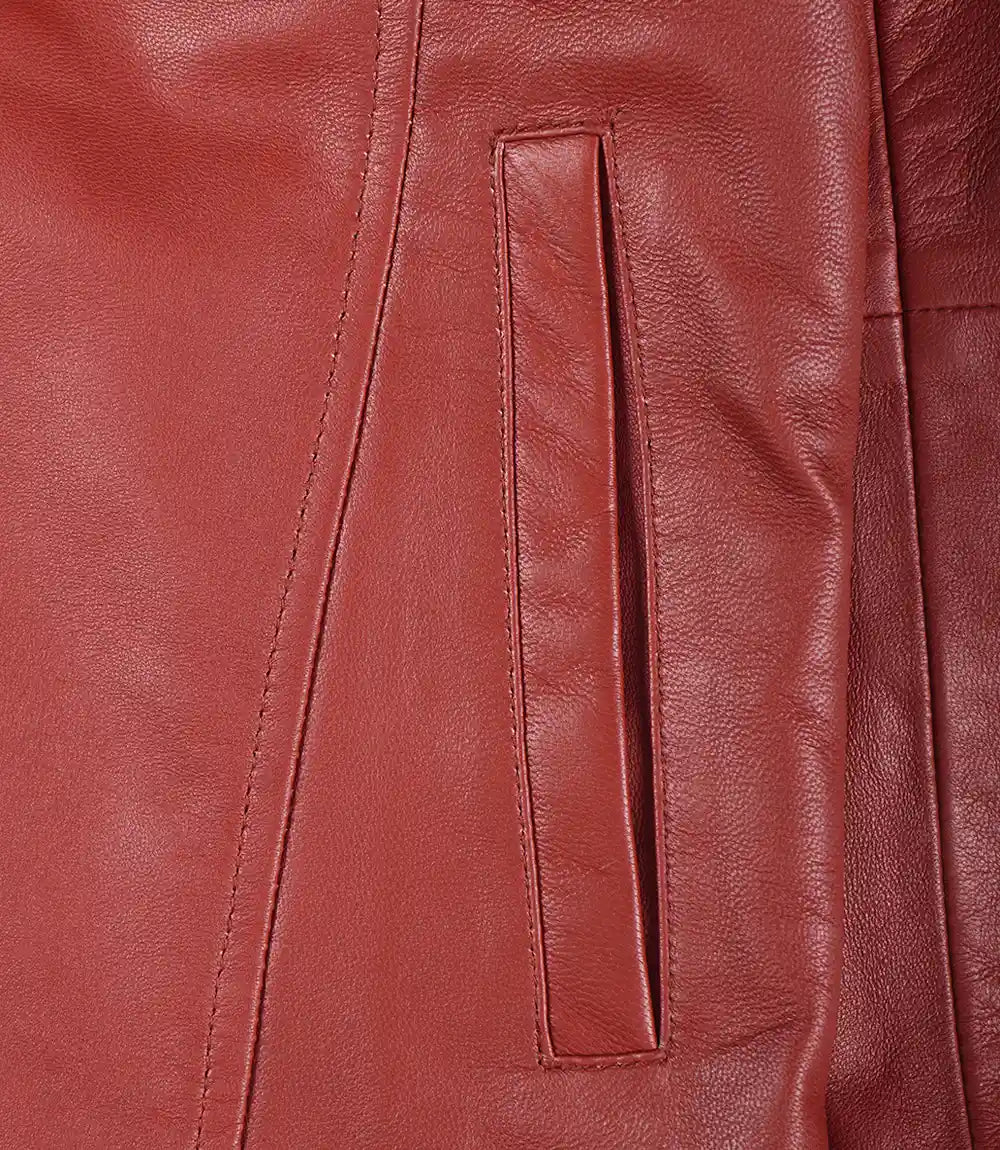 Women’s Real Leather Red Button-Down Car Coat