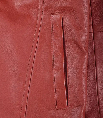 Women’s Real Leather Red Button-Down Car Coat