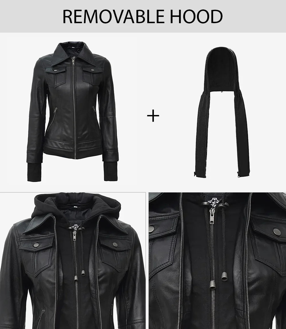 The Céleste – Women’s Tall Black Lambskin Bomber Leather Jacket with Removable Hood