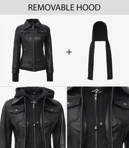 The Céleste – Women’s Tall Black Lambskin Bomber Leather Jacket with Removable Hood