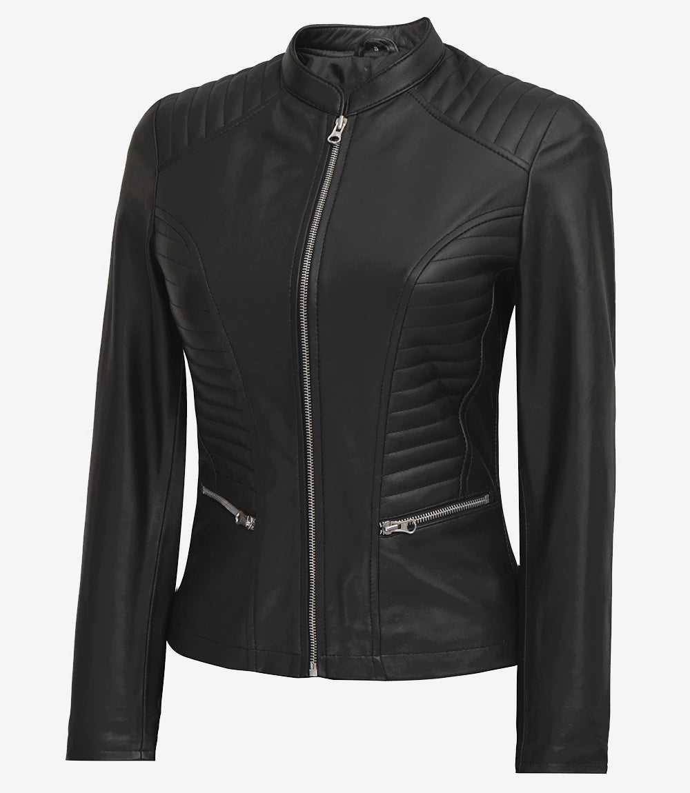 Women's Tall Black Biker Style Leather Jacket