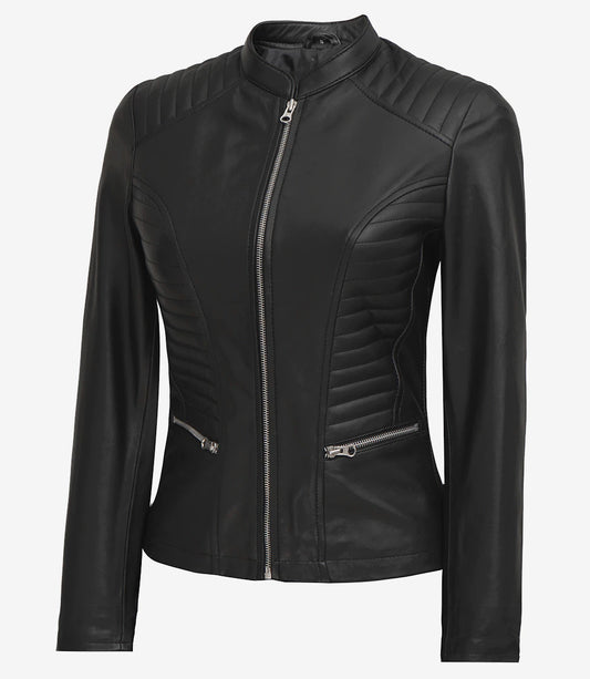 Women's Tall Black Biker Style Leather Jacket