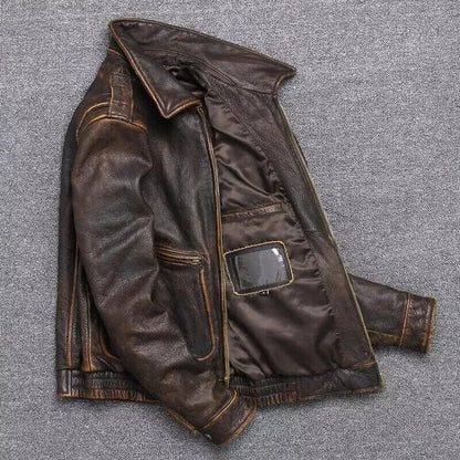 Men’s Vintage Pilot Air Force Leather Jacket – Real Leather, Zip Closure, All-Season Wear