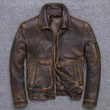 Men’s Vintage Pilot Air Force Leather Jacket – Real Leather, Zip Closure, All-Season Wear