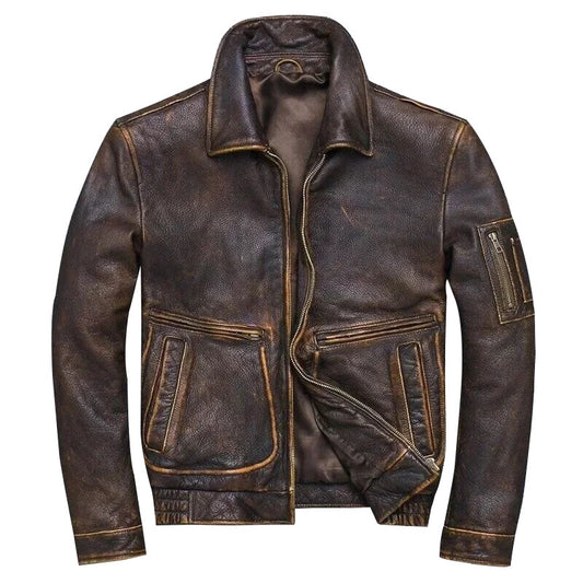 Men’s Vintage Pilot Air Force Leather Jacket – Real Leather, Zip Closure, All-Season Wear