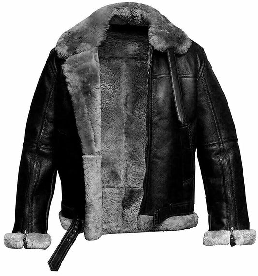 Men’s RAF Aviator Bomber Leather Jacket – B3 Flying Pilot Style with Shearling Fur Lining