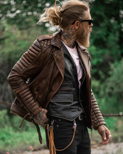 Men’s Cowhide Leather Quilted Biker Jacket – Genuine Motorcycle Style, Mid-Length, Wind-Resistant