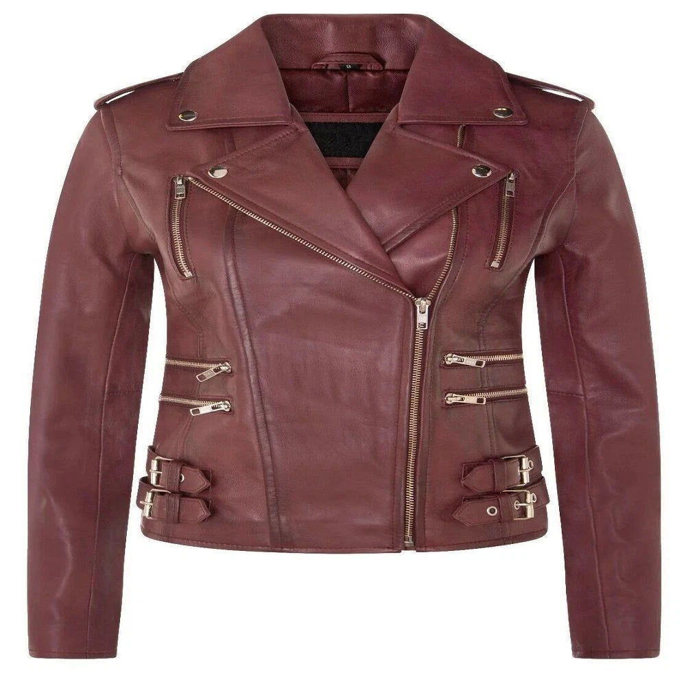 Women’s Leather Brando Biker Jacket Loddon | Genuine Nappa Zip Pocket Coat