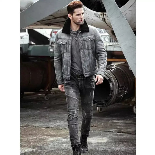 Men's RAF B3 Bomber Aviator Jacket – Grey Lambskin Leather with Fur Shearling