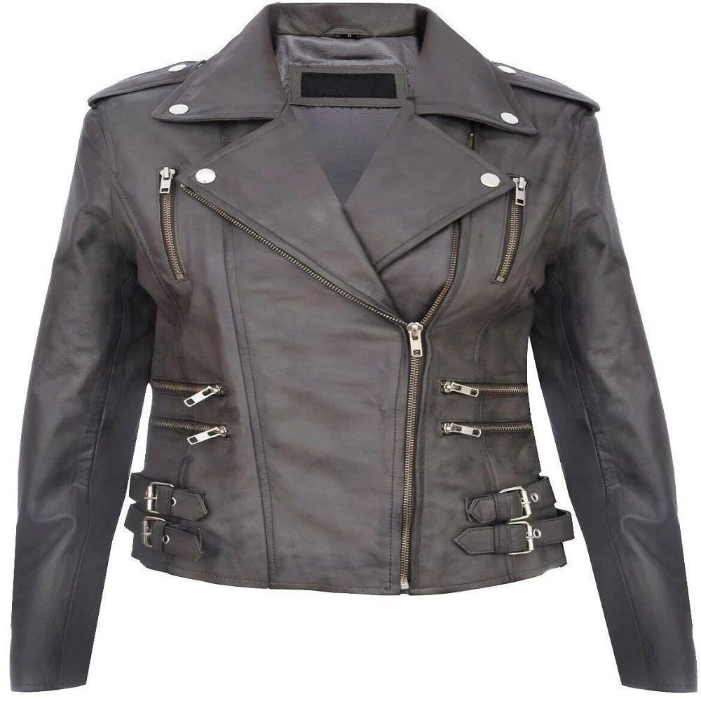 Women’s Leather Brando Biker Jacket Loddon | Genuine Nappa Zip Pocket Coat