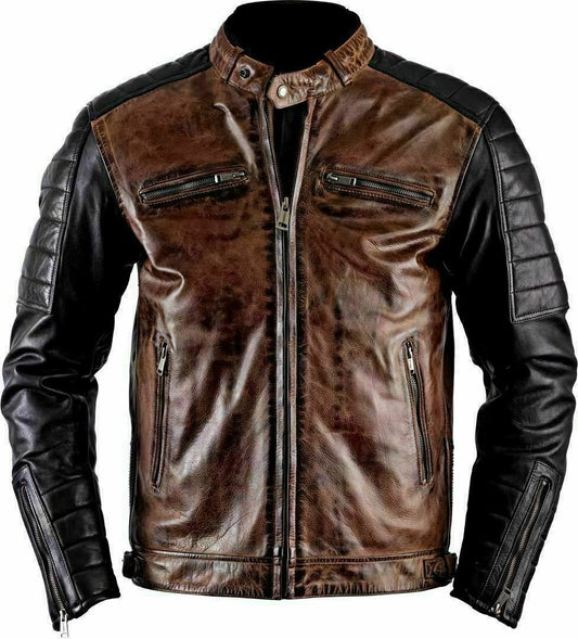 Men’s Distressed Brown Cafe Racer Leather Jacket – Vintage Motorcycle Biker Style