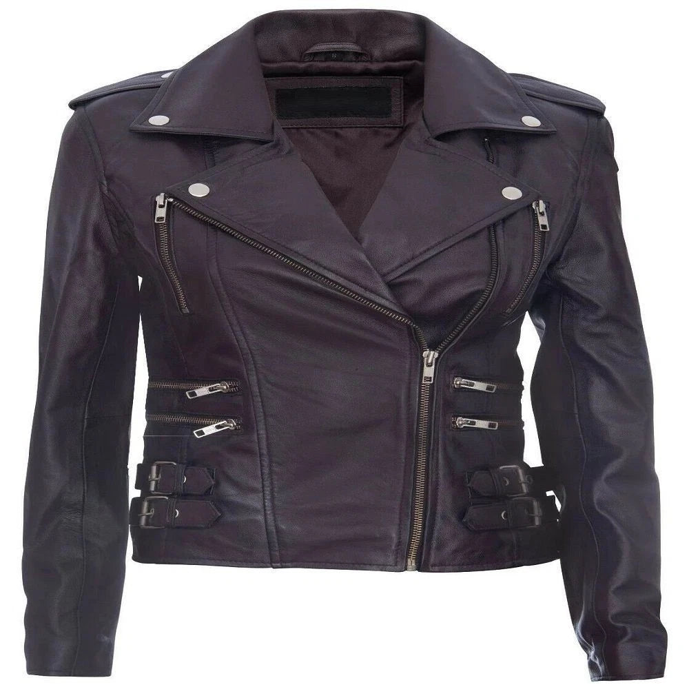 Women’s Leather Brando Biker Jacket Loddon | Genuine Nappa Zip Pocket Coat