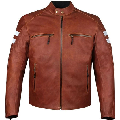 Men’s Cafe Racer Vintage Cruiser Genuine Leather Biker Motorcycle Jacket Red