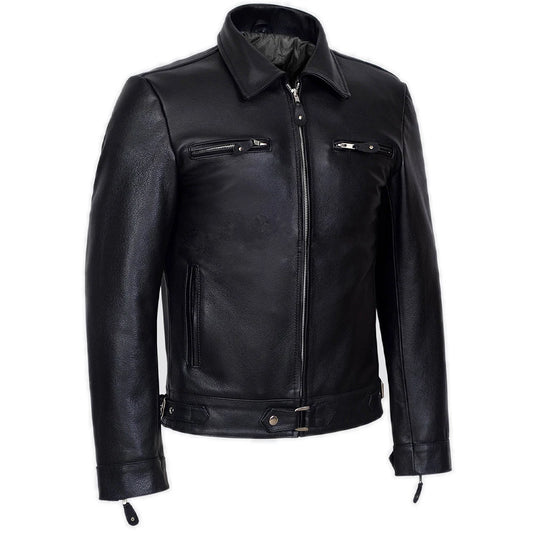Men’s Aviator Pilot Leather Jacket – Cowhide Biker/Bomber, Mid-Length, Black