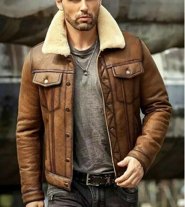 Men's RAF B3 Aviator Bomber Jacket – Brown Real Leather with Shearling Fur