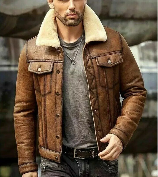 Men's RAF B3 Aviator Bomber Jacket – Brown Real Leather with Shearling Fur