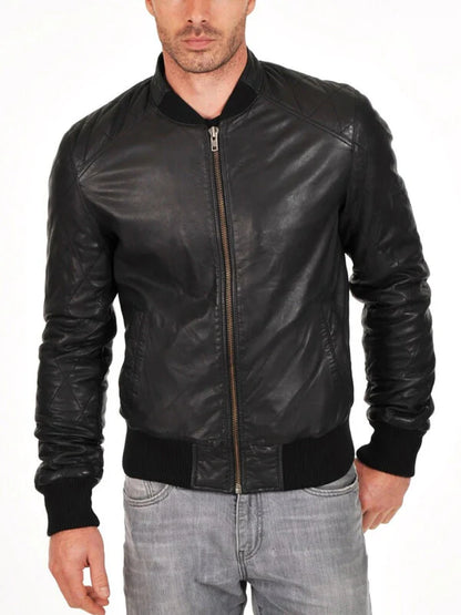 Soft Sheepskin Genuine Quilted Bomber Jacket for Men Front View