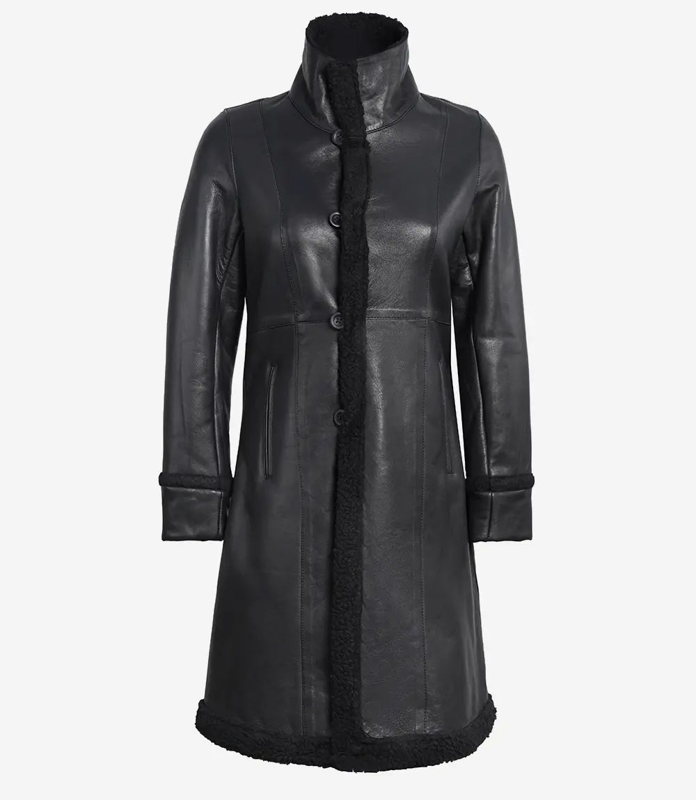 Women’s 3/4 Length Real Leather Black Shearling Coat