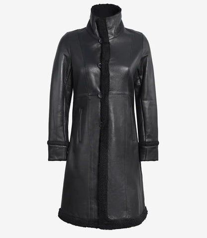 Women’s 3/4 Length Real Leather Black Shearling Coat