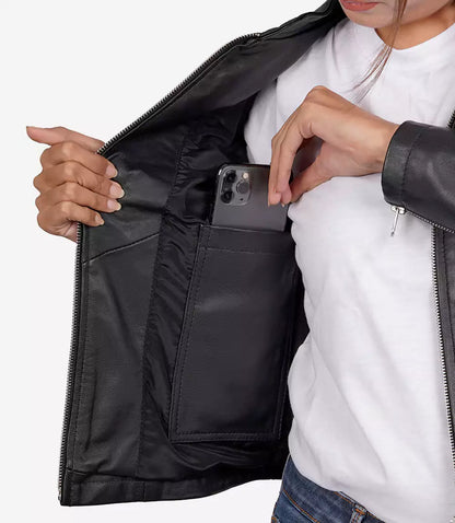 Women's Tall Black Biker Style Leather Jacket