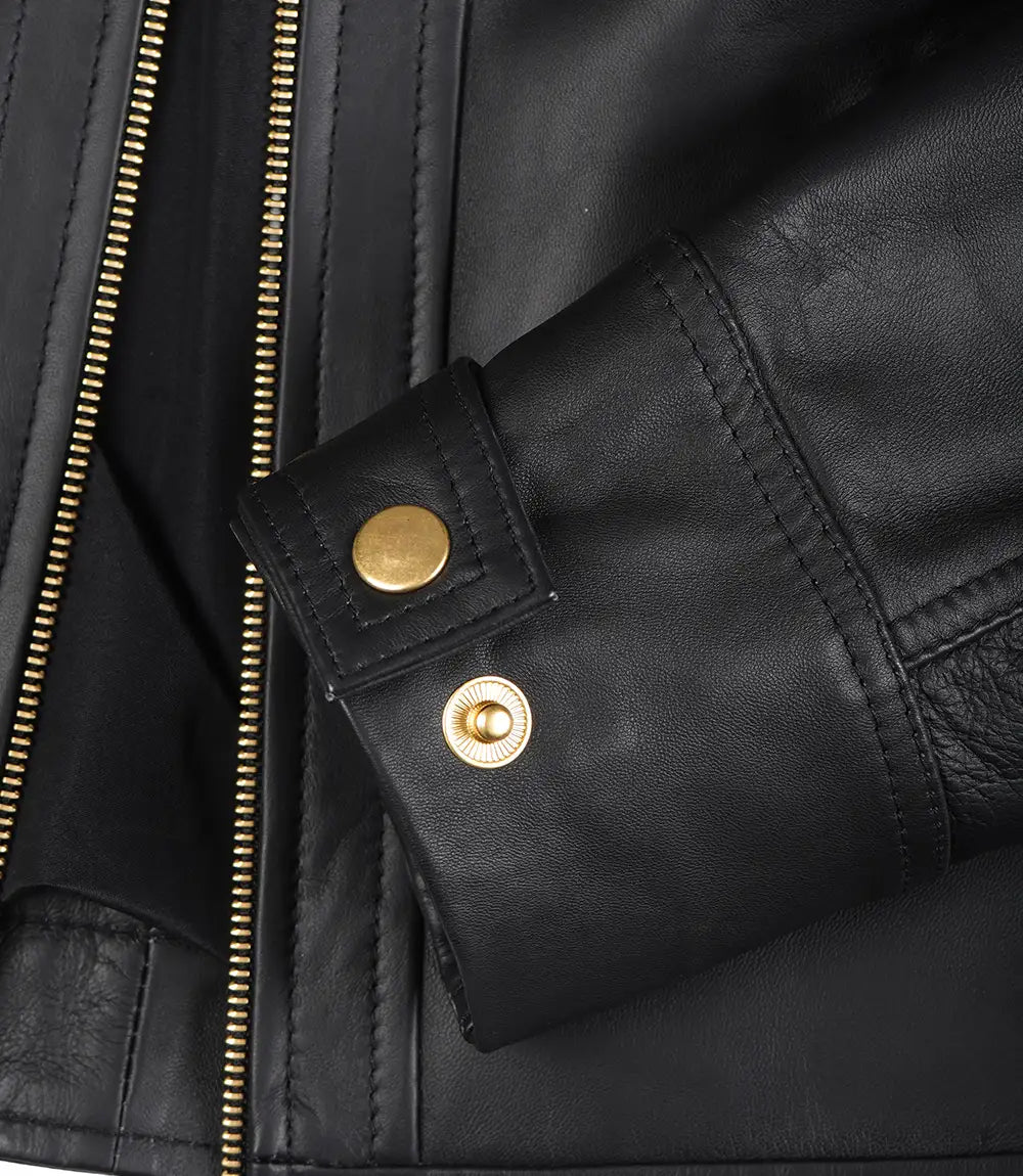 Women’s Black Real Leather Biker Jacket – Golden Details