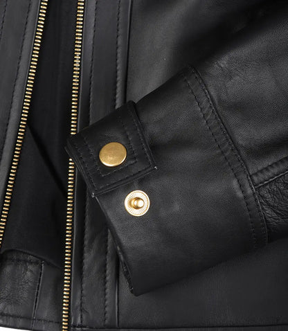 Women’s Black Real Leather Biker Jacket – Golden Details