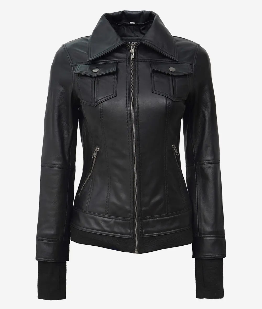 The Céleste – Women’s Black Leather Bomber Jacket with Removable Hood