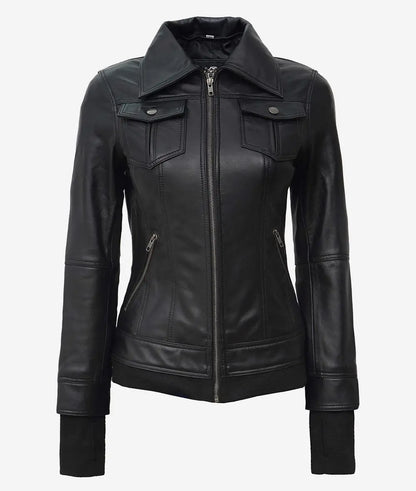The Céleste – Women’s Black Leather Bomber Jacket with Removable Hood
