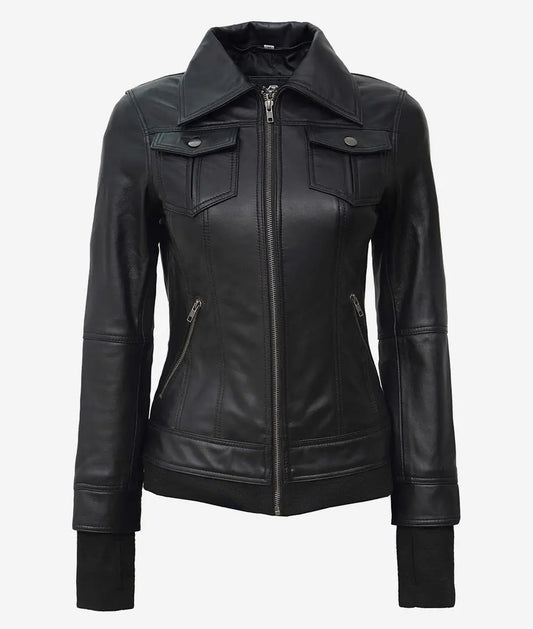 The Céleste – Women’s Black Leather Bomber Jacket with Removable Hood