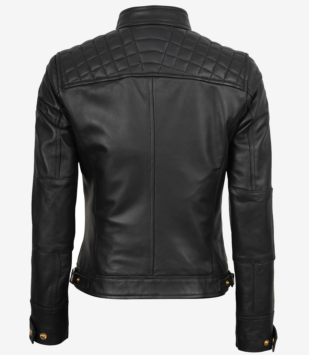 Women’s Black Real Leather Biker Jacket – Golden Details