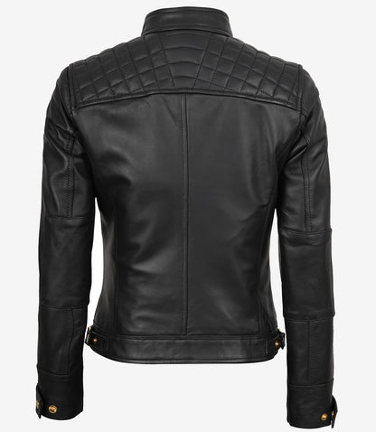 Women’s Black Real Leather Biker Jacket – Golden Details