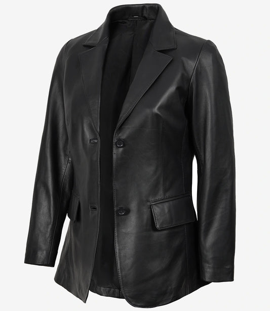 Shannon Women’s Two-Button Black Lambskin Leather Blazer
