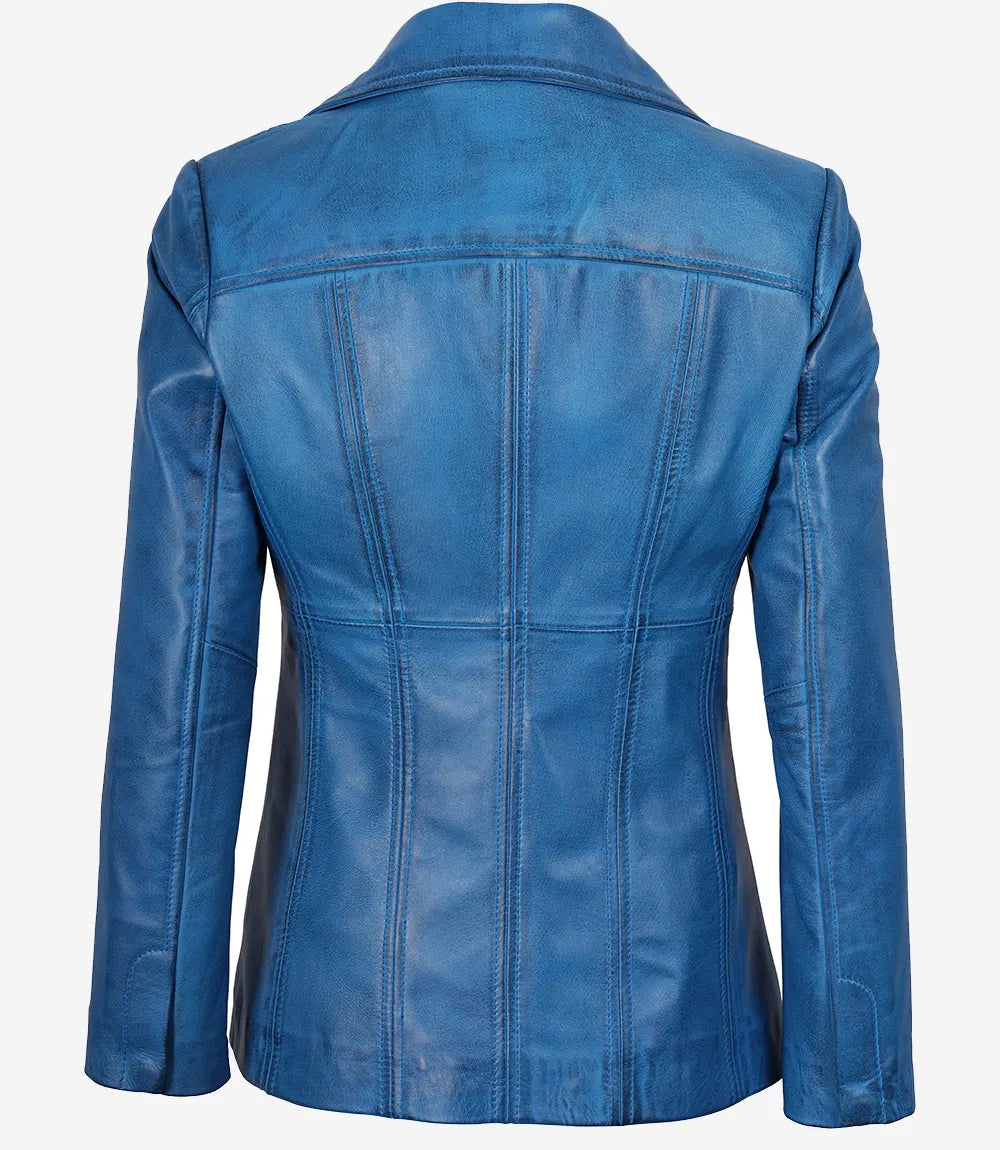 Women’s Blue Waxed Leather Coat – Three Button
