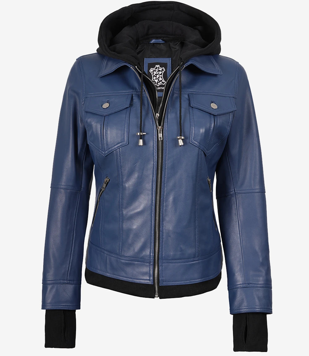 Women’s Blue Lambskin Leather Bomber Jacket with Removable Hood