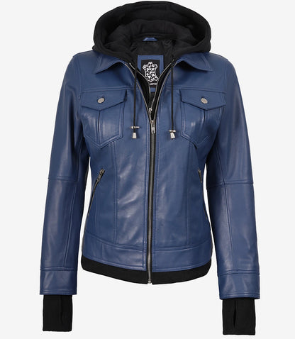 Women’s Blue Lambskin Leather Bomber Jacket with Removable Hood