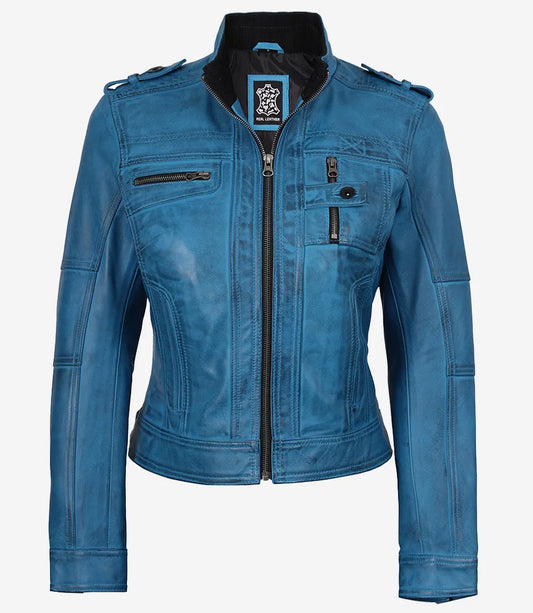 Women’s Blue Waxed Lambskin Leather Biker Jacket – Stylish Slim Fit Moto Coat