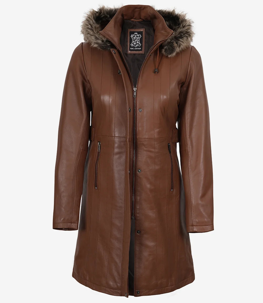 Women’s Real Leather Brown Coat with Fur Trim & Removable Hood
