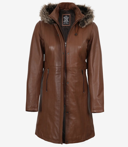 Women’s Real Leather Brown Coat with Fur Trim & Removable Hood