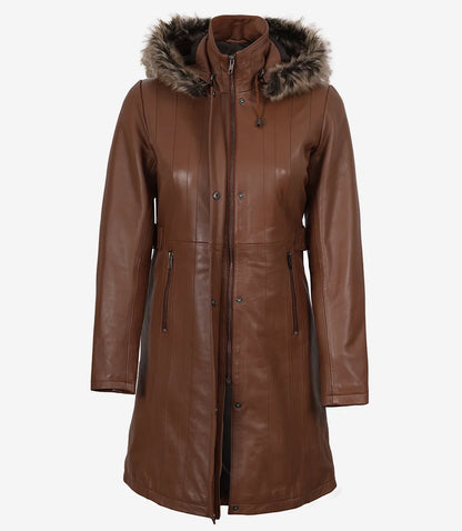 Women’s Real Leather Brown Coat with Fur Trim & Removable Hood