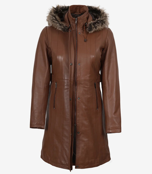 Women’s Real Leather Brown Coat with Fur Trim & Removable Hood