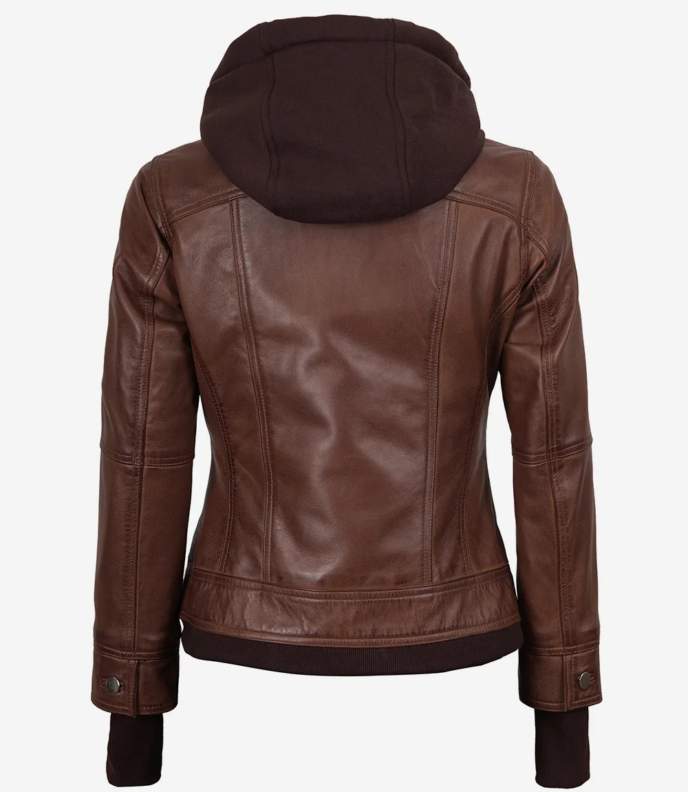 Tralee Women’s Cognac Waxed Lambskin Bomber Leather Jacket with Removable Hood