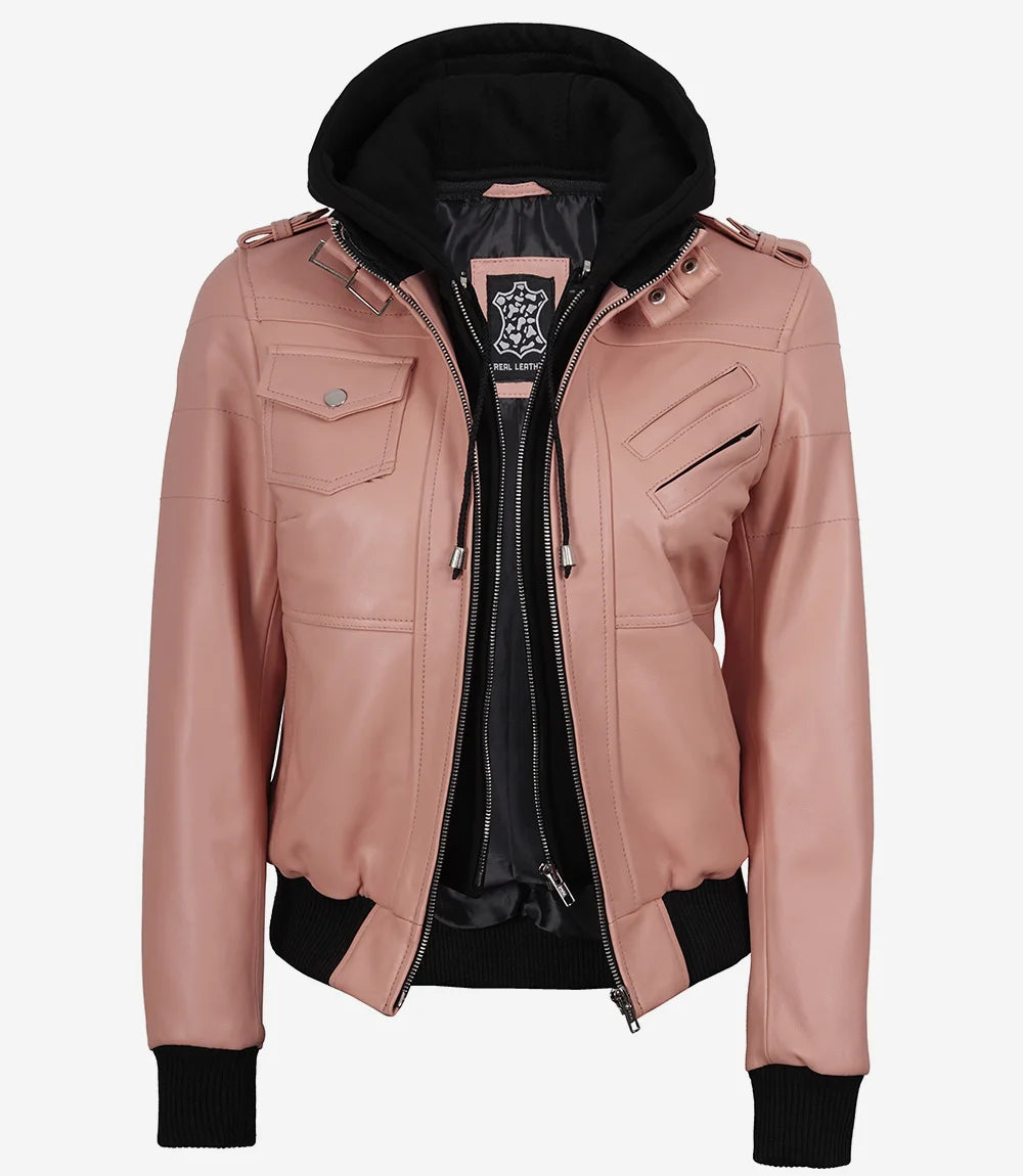 Women’s Pink Lambskin Bomber Leather Jacket with Removable Hood