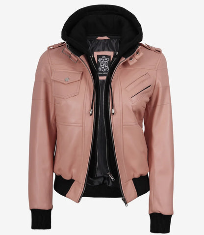 Women’s Pink Lambskin Bomber Leather Jacket with Removable Hood